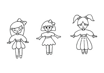 Fototapeta na wymiar Three cute cartoon girls, little Princess girl. Vector illustration. Coloring page.