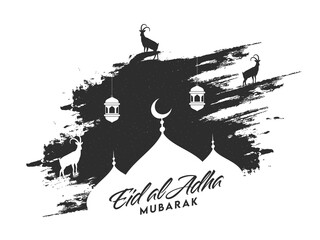 Eid-Al-Adha Mubarak Font with Silhouette Mosque, Goats, Hanging Lanterns and Black Brush Stroke Grunge on White Background.