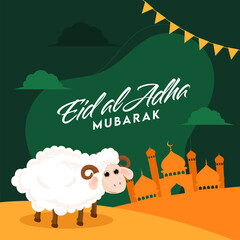 Eid-Al-Adha Mubarak Font with Cartoon Sheep, Mosque and Bunting Flags on Green and Orange Background.