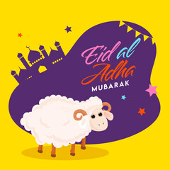 Colorful Eid-Al-Adha Mubarak Font with Cartoon Sheep, Purple Silhouette Mosque, Stars and Bunting Flags on Yellow Background.
