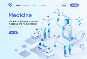 Modern medicine isometric landing page. Digital technologies in medical diagnosis and treatment. Online doctor consultation template for CMS and website builder. Isometry scene with people characters.