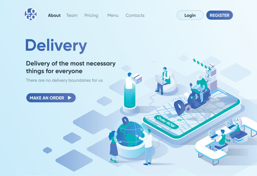 Delivery service isometric landing page. Home delivery with courier, global shipping tracking, order now. Express delivery template for CMS and website builder. Isometry scene with people characters.
