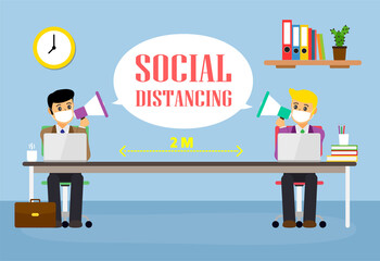 Businessman office people maintain social distancing. New normal at job working. covid-19 sign vector
