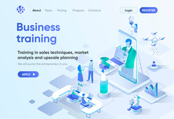 Business training isometric landing page. Coaching and mentoring, professional courses, skills development. Online webinar template for CMS and website builder. Isometry scene with people characters.