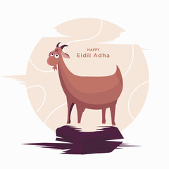 Happy Eidil Adha Celebration Concept with Cartoon Goat on Abstract Background.