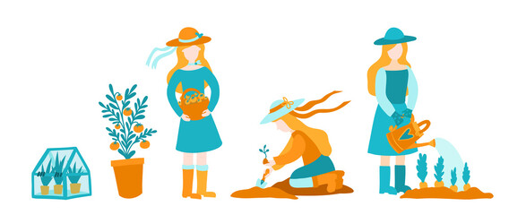 A young woman in the garden holds a basket of tomatoes, plants a plant, watering the beds. Vector graphics in flat style. Clip art stickers with people doing their hobby in the garden