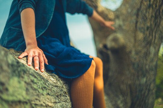 Young woman sitting in a tree