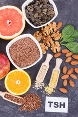 Products and ingredients as source vitamins and minerals. Beneficial eating for thyroid gland