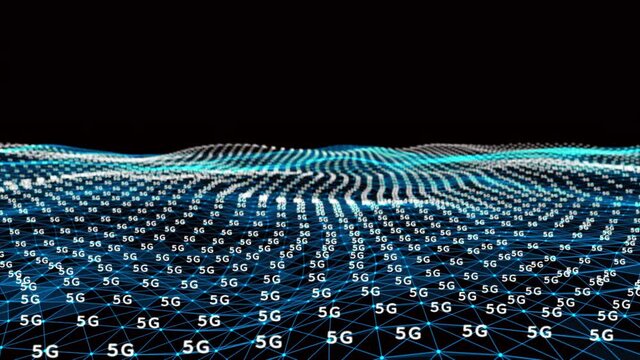 4k abstract Digital blue Wave of particles with text 5G dance motion on wave and light.Futuristic dots background with a dynamic wave.Big data.Cyber or technology background.