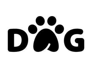 Cutout silhouette Title Dog with paw print instead of letter o. Outline wordmark text logo. Flat isolated vector illustration on white background. Lettering for veterinary clinic, pet shop, products © akininam