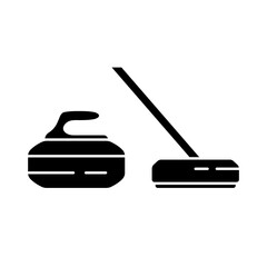 Cutout silhouette Set of curling stone and broom. Outline icon of sport equipment. Black simple illustration. Flat isolated vector image on white background