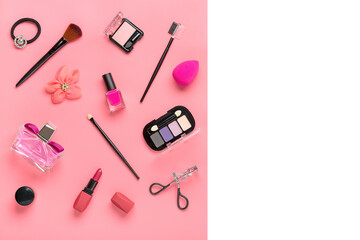 Set of professional decorative cosmetics, makeup tools and accessory of trendy color isolated on white, pink background Flat lay Top view
