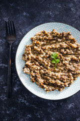 plant-based food, vegan potato and leek buckwheat with lentils and cilantro topping