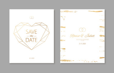 Wedding invitation cards with gold geometric polygonal design elements. Vector luxury invite