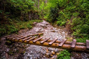 Waterfall with ladder in canyon, sucha bela  in Slovak Paradise, Slovensky Raj National Park,...