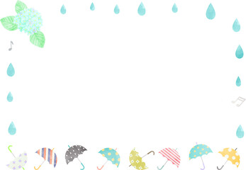 傘と雨粒と紫陽花のフレーム　水彩風
