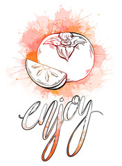 Enjoy. Contour sketch of persimmon and a piece with juicy orange watercolor splash on a white background. Healthy natural food. Vector vertical outline card for menus, recipes and your creativity.
