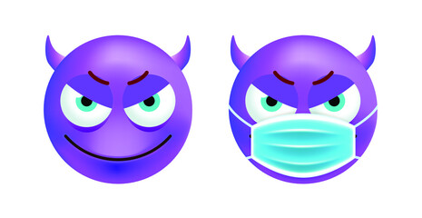 Cute Purple Evil Emoticon with Face Mask on White Background. Isolated Vector Illustration 