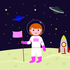 Astronaut Girl Landing On Moon Cartoon Vector