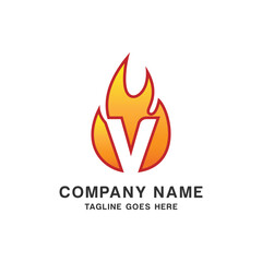 Initial Letter V with Flame Fire Logo Design Template