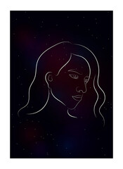 The face of a beautiful girl on a background of space. Portrait of a woman in line art style. Freehand drawing young woman. Space background. Isolated vector illustration.