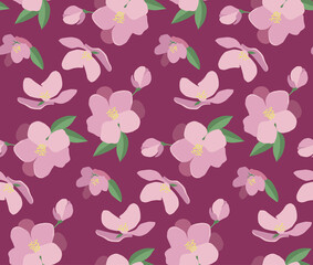 Seamless vector pattern with beautiful magnolia flowers. Hand drawn nature painting. For wrapping, fabric, wallpaper. On a dark pink background
