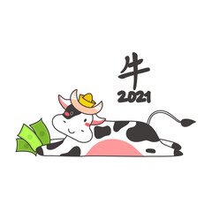 Chinese new year of white ox 2021 zodiac - vector bulls or cows, flat cartoon animals for holiday cards, posters and home decorations, cute characters with golden coins for luck - isolated on white