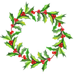 Watercolor Christmas wreath holly plan. watercolor berries wreath.