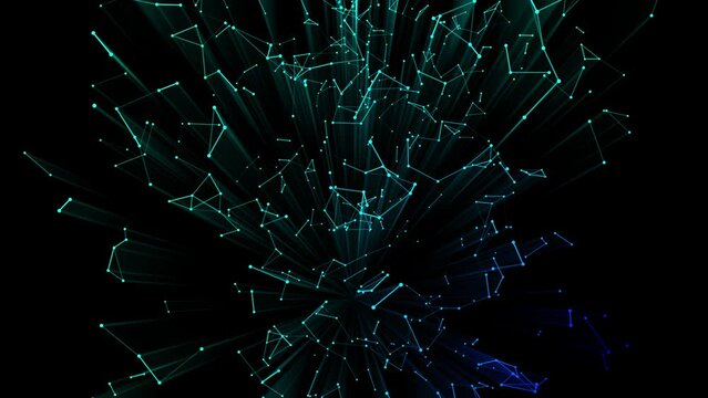 4k Rotating digital column with graph made of dot particles nodes.Quantum finance,Finance graph with details.abstract neon geometrical lines with moving triangles and connection dots.