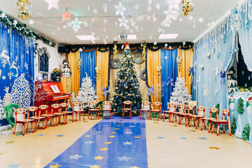 Christmas decorated room in a kindergarten in Russia