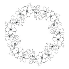 Ink linear vector illustration of beautiful flowers. Circle frame. Line art background. Hand drawn nature 