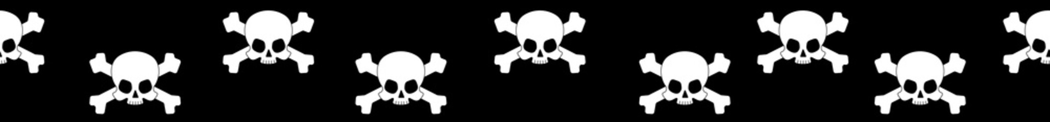 Long web seamless banner with skull and crossbones silhouettes on black background. Vector illustration.