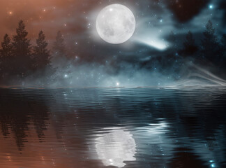 Fototapeta na wymiar Dark cold futuristic forest. Dramatic scene with trees, big moon, moonlight. Smoke, shadow, smog, snow. Night forest landscape reflection in the river, sea, ocean. 3D illustration