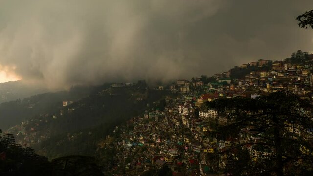 Time lapse shot of heavy storm moving cloud above Shimla city, the capital city of Himachal Pradesh, India