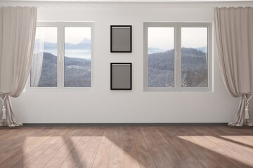 modern empty room with curtains and mountain background in windows interior design. 3D illustration