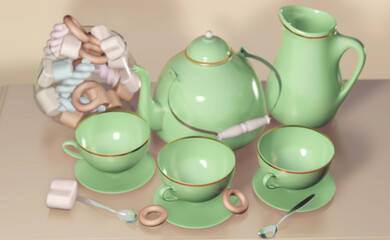 3d illustration of china tea set with kettle cup and candy white still life