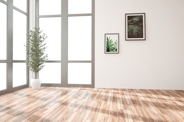 modern empty room with pictures and pant interior design. 3D illustration
