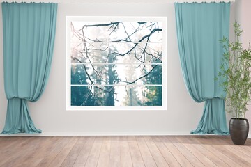modern empty room with plant,curtains and natural backgrowund in windows interior design. 3D illustration
