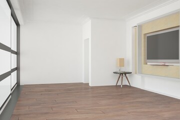 modern room with tv set,table with lamp interior design. 3D illustration