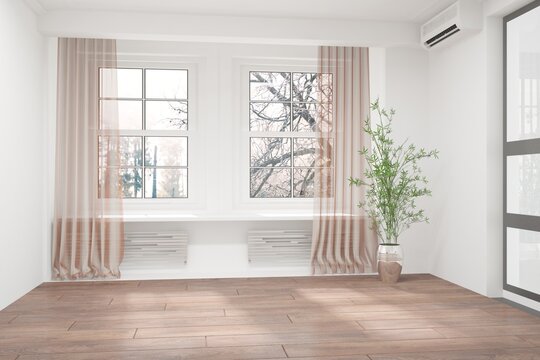 modern room with plant in metal pot,curtains and natural background in windows interior design. 3D illustration
