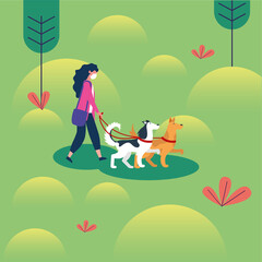 Fototapeta premium Woman with medical mask and dogs at park vector design