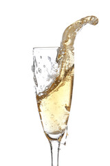 Glass of champagne with splash on white background