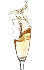 Glass of champagne with splash on white background