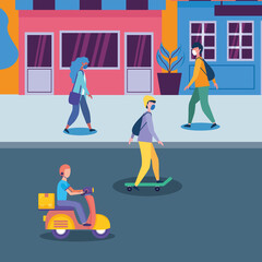 people with masks at street in front of stores vector design