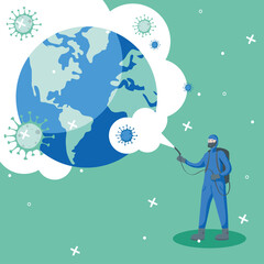 Man with protective suit spraying world with covid 19 vector design