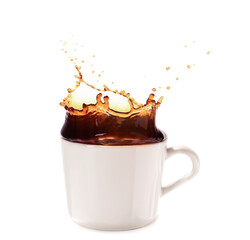 Cup of hot coffee with splash on white background