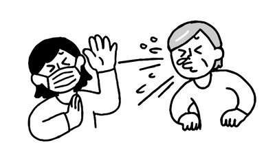 くしゃみするシニア女性と嫌がるマスク私服女性（シンプル）