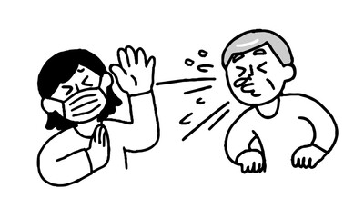 くしゃみする私服男性と嫌がるマスク私服女性（シンプル）