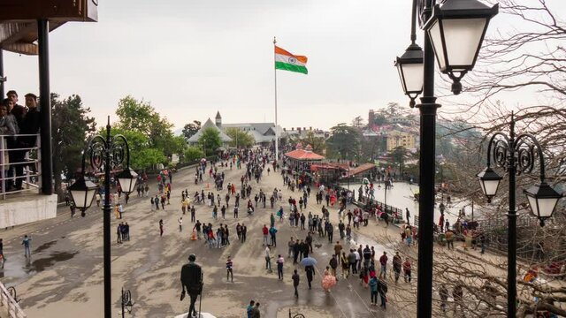Time Lapse shot - Crowd of people walking around The Ridge road, located in the heart of Shimla, the capital city of Himachal Pradesh, India