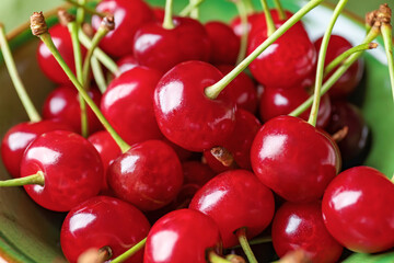 Ripe sweet cherry in bowl, closeup